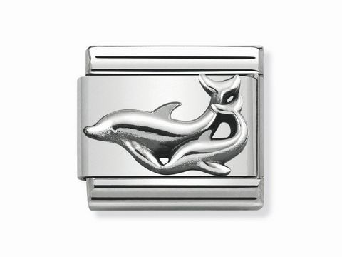 433010129-0 Silberner Schmuckanhänger von Nomination, Modell Classic mit oxidierten Delphinen, detailreiche Darstellung und modernes Design, ideal für stilvolle Accessoires.