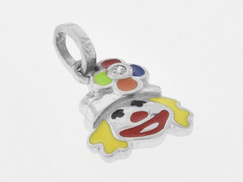 301955-0 Silber Anhänger Clown rhodiniert mit buntem Lack und Zirkonia, farbenfrohes Design für Kinder, hergestellt von Juwelier Harnisch, ideal als Schmuckstück für den Zirkus-Look.