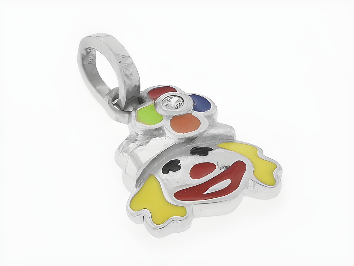 Silber Anhänger Clown rhodiniert mit buntem Lack und Zirkonia, farbenfrohes Design für Kinder, hergestellt von Juwelier Harnisch, ideal als Schmuckstück für den Zirkus-Look.
