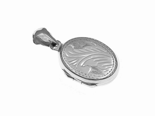 Silber Medaillon oval mit Ranken Muster, Hersteller Juwelier Harnisch, elegant und kunstvoll gestaltet, ideal als Schmuckstück oder Geschenk.