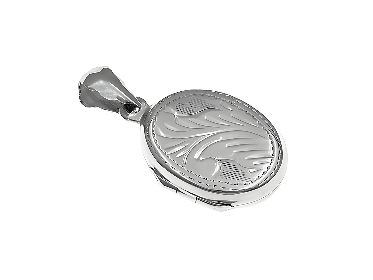 Silber Medaillon oval mit Ranken Muster, Hersteller Juwelier Harnisch, elegant und kunstvoll gestaltet, ideal als Schmuckstück oder Geschenk.