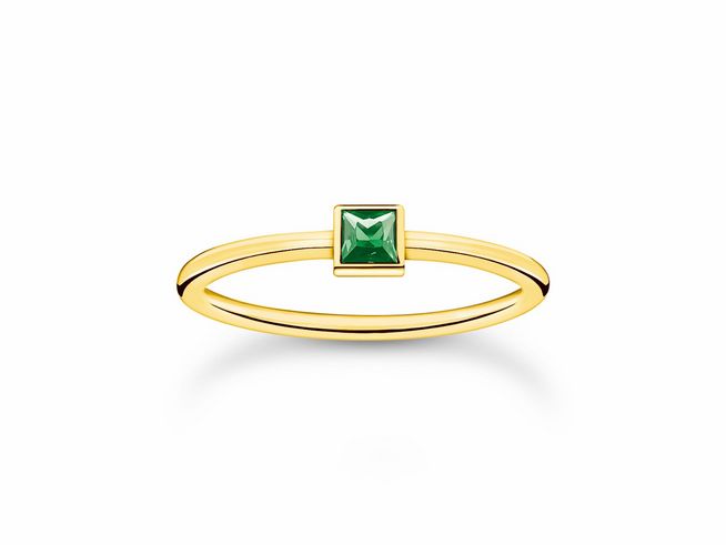 Eleganter Ring von Thomas Sabo aus vergoldetem Sterling Silber mit einem quadratischen Glas-Keramik Stein in Grün, Größe 56. Ideal für jeden Anlass.