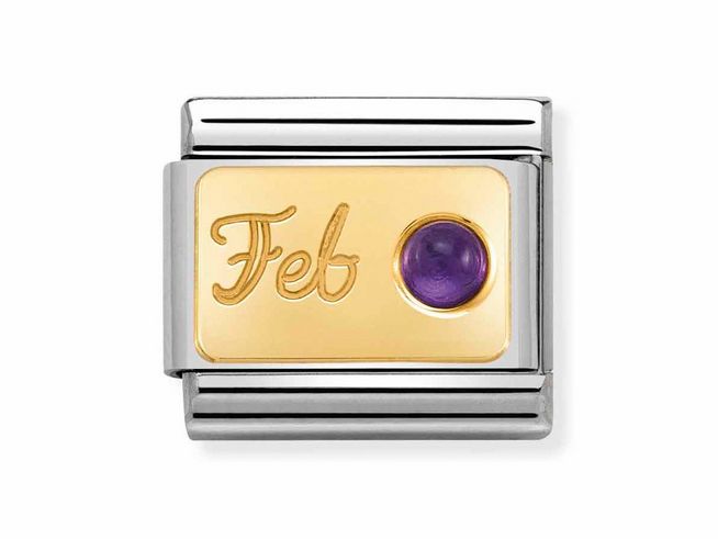 Edelstahl und Gold 585 Charm mit goldener Fläche und der Gravur Feb sowie einem violetten Amethyst als Monatsstein für Februar, Hersteller Nomination.