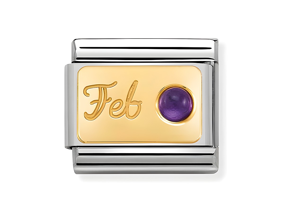 Edelstahl und Gold 585 Charm mit goldener Fläche und der Gravur Feb sowie einem violetten Amethyst als Monatsstein für Februar, Hersteller Nomination.