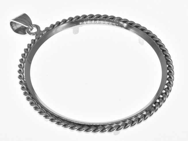 Münzfassung Anhänger aus rhodiniertem 925 Sterling Silber mit Kordel-Design, geeignet für Münzen bis zu 40 mm Durchmesser, Hersteller Juwelier Harnisch.