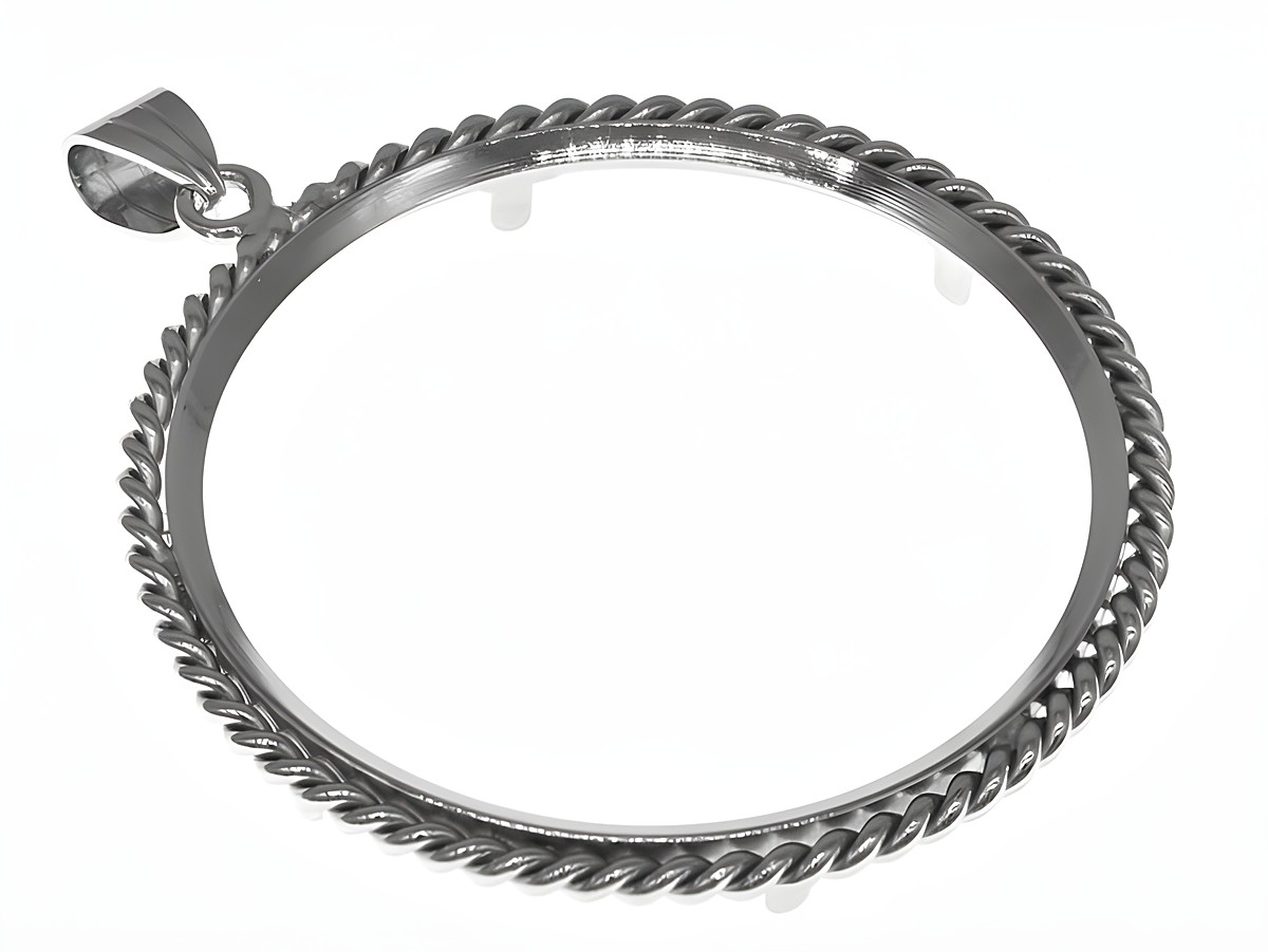 Münzfassung Anhänger aus rhodiniertem 925 Sterling Silber mit Kordel-Design, geeignet für Münzen bis zu 40 mm Durchmesser, Hersteller Juwelier Harnisch.