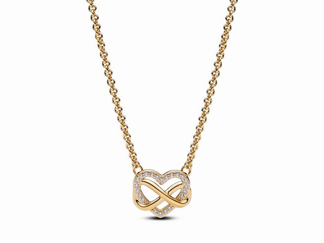 Funkelnde Unendlichkeits-Herz Collier-Halskette von Pandora in Gelbgold Vergoldung mit klaren Zirkonia, 50 cm lang, elegantes Design für besondere Anlässe.