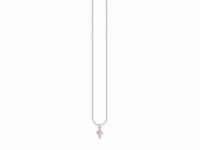 Kette von Thomas Sabo mit silbernem Design und rosa-pinkem Kreuzanhänger, Zirkonia verziert, verstellbar von 38 bis 45 cm. Ideal für jeden Anlass.
