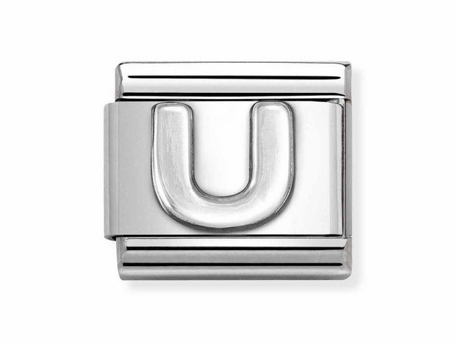 Edelstahl Buchstabe U von Nomination, klassisches Design in silber oxidiert mit dezentem glänzendem Finish, ideal für personalisierte Armbänder und Schmuckstücke.