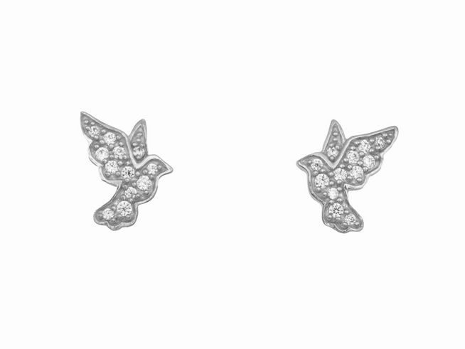 Ohrringe Ohrstecker Friedenstaube aus rhodiniertem Sterling Silber mit funkelnden Zirkonia-Steinen, hergestellt von Juwelier Harnisch, elegantes und symbolisches Design.