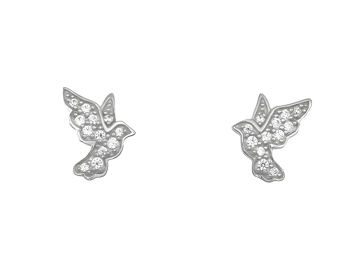Ohrringe Ohrstecker Friedenstaube aus rhodiniertem Sterling Silber mit funkelnden Zirkonia-Steinen, hergestellt von Juwelier Harnisch, elegantes und symbolisches Design.