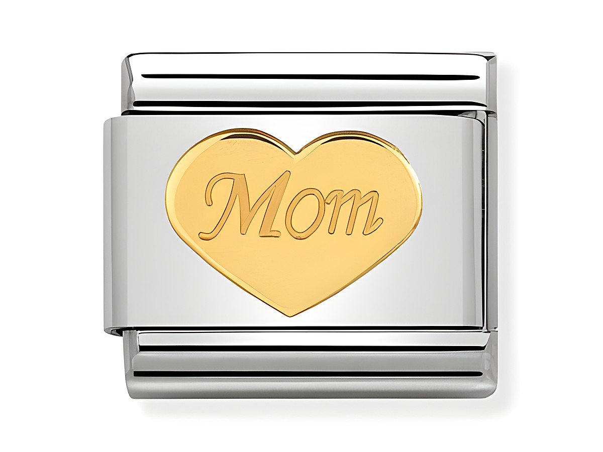 Ein charm von Nomination mit einem Herz aus Gold und der Prägung Mom auf einem silbernen Hintergrund, ein Symbol der Liebe und Verbundenheit für Mütter.