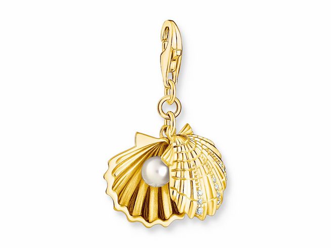 Charming Muschelanhänger von Thomas Sabo aus vergoldetem Sterling Silber mit Zuchtperle und Zirkonia, ideal für Strand- und Meerliebhaber.
