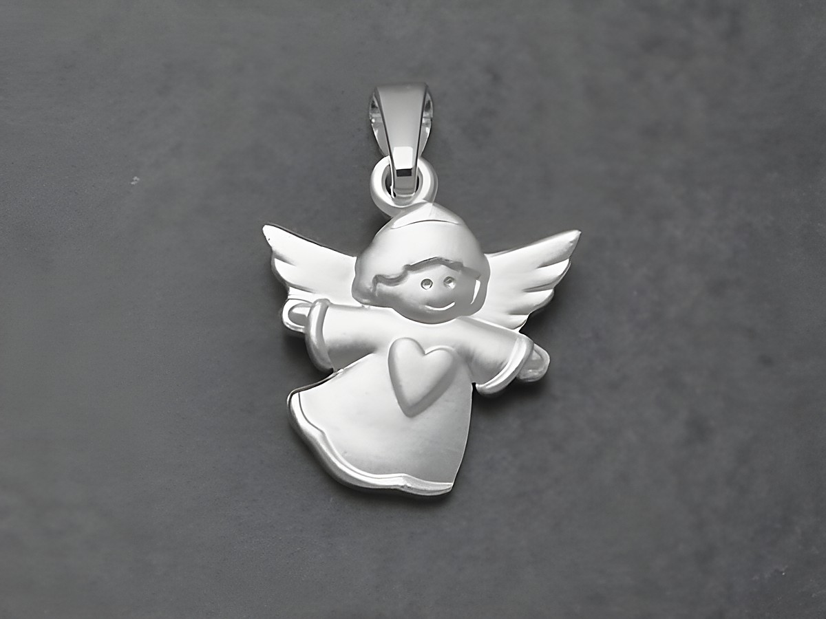 Engel mit Herz aus Sterling Silber, hergestellt von Juwelier Harnisch. Der Anhänger zeigt einen niedlichen Engel mit Flügeln und Herzmotiv, ideal für persönliche Geschenke oder Schmuckliebhaber.
