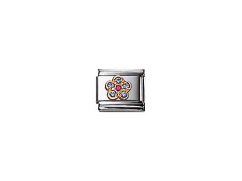 Zirkonia Blume mit hellblauen und roten Elementen auf einem silbernen Hintergrund, Hersteller Nomination, ideal für Armbänder oder Schmuckstücke.