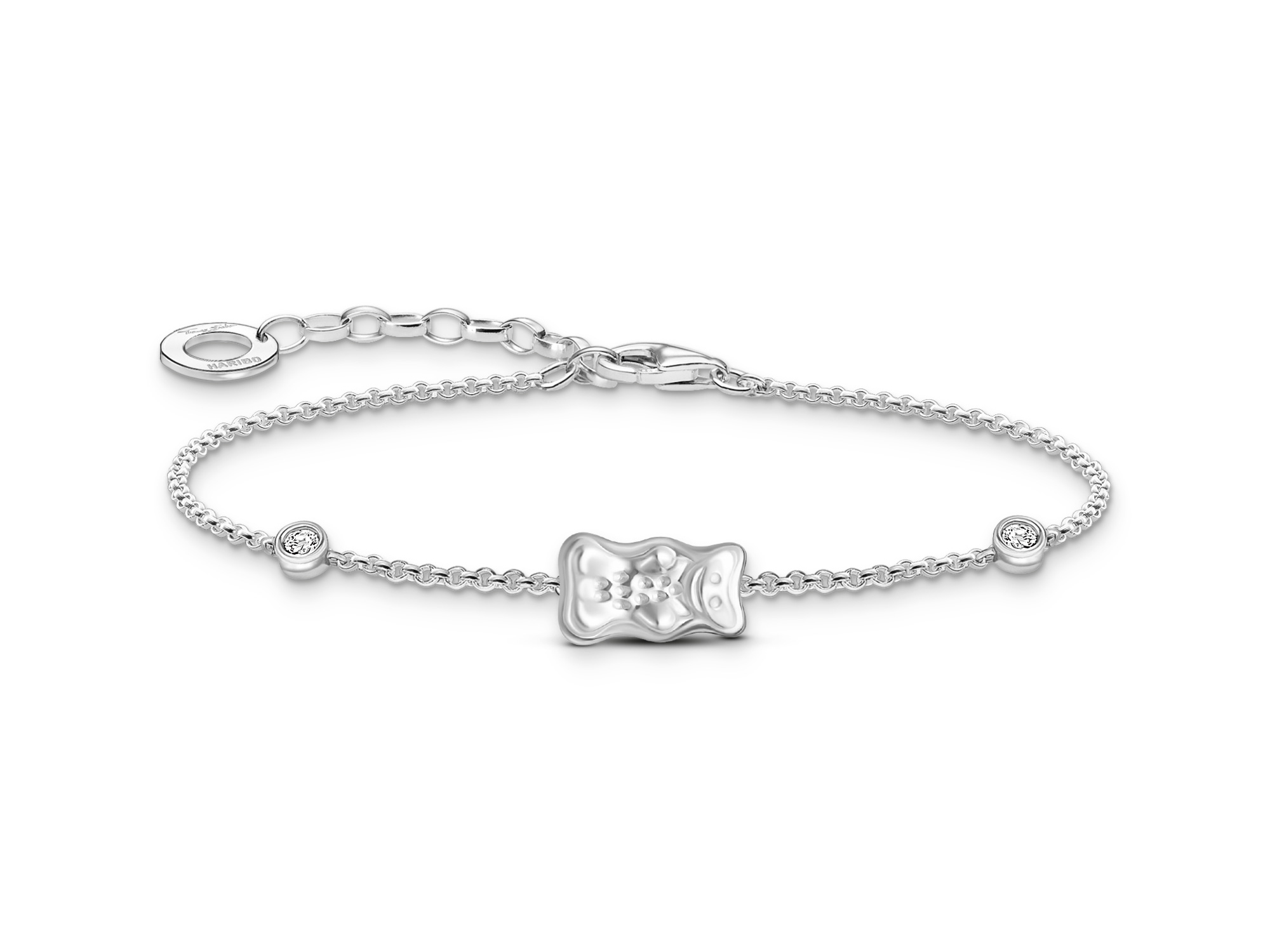 Ein silbernes Armband mit einem goldenen Gummibärchenanhänger von HARIBO, verziert mit funkelnden Zirkonia. Die Länge beträgt 16 bis 19 cm und stammt vom Hersteller Thomas Sabo.