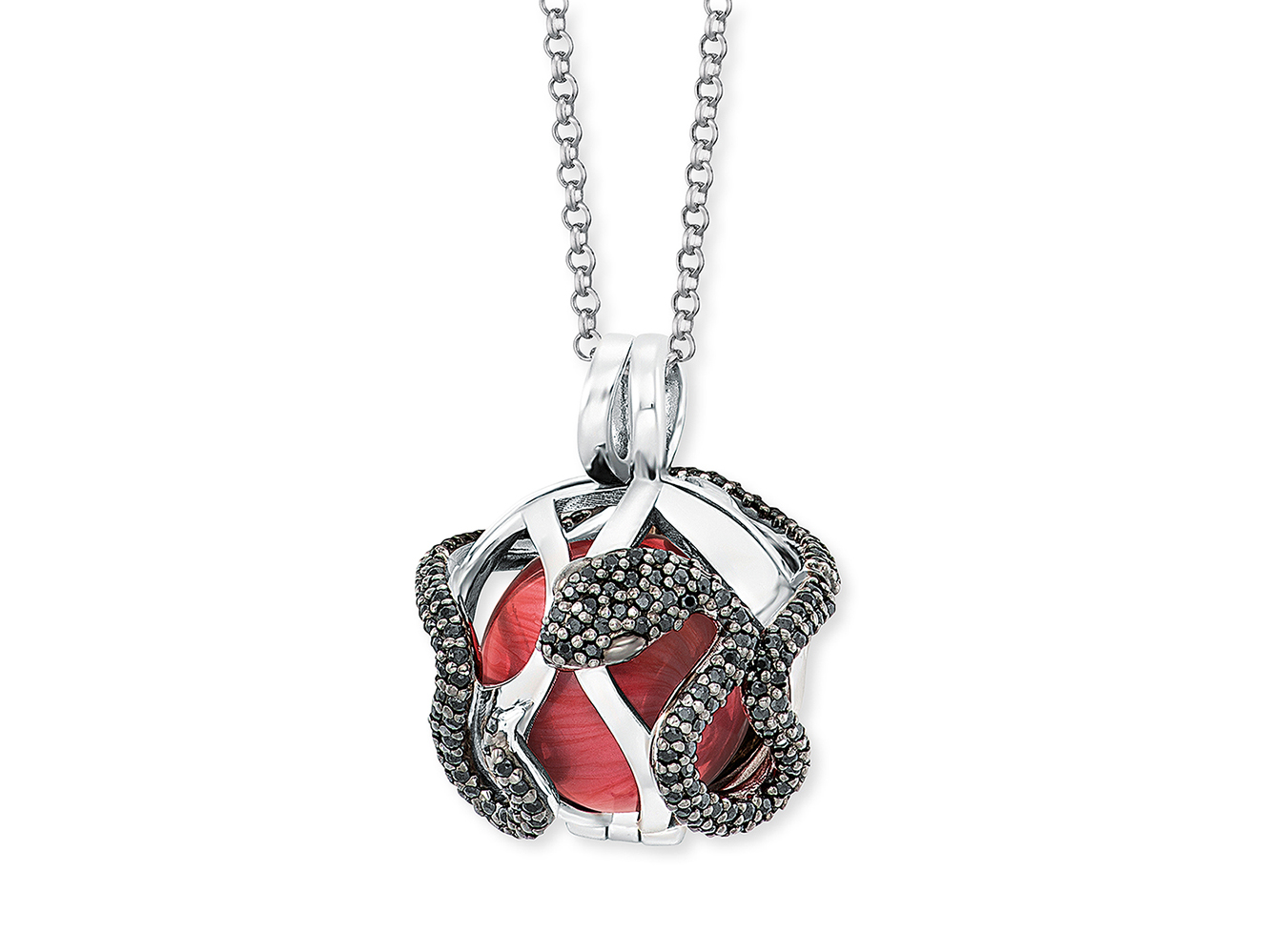 Engelsrufer ERN-25-EDEN-XS-ZIB Kette 60 cm Eden Klangkugel Anhänger mit Zirkonia - Schlange Perlmutt - Rot Gr. XS Kette mit 60 cm Länge, Eden Klangkugel Anhänger in Rot mit Zirkonia, umschlungen von einer stilisierten Schlange aus Silber, verschönert mit Perlmutt und funkelnden Details.