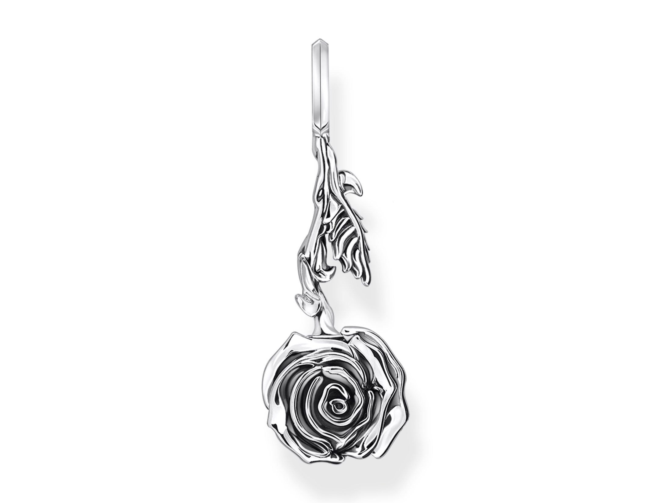 Thomas Sabo Anhänger in rosegoldener Silberoptik zeigt eine detaillierte kleine Rose mit einem eleganten Blattansatz, ideal für stilvollen Schmuck und Neuheiten.
