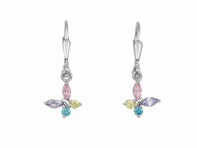 Ohrhänger Schmetterling aus 925 Sterling Silber, poliert und rhodiniert, mit bunten Zirkonia Steinen, ideal für Kinder, Hersteller Juwelier Harnisch.