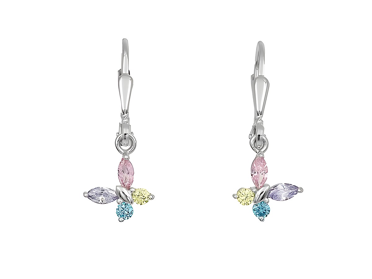 Ohrhänger Schmetterling aus 925 Sterling Silber, poliert und rhodiniert, mit bunten Zirkonia Steinen, ideal für Kinder, Hersteller Juwelier Harnisch.