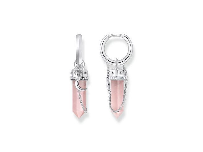 Silberne Creolen von Thomas Sabo mit Kristall, rosafarbenem Rosenquarz und Zirkonia in Rosa-Pink. Elegantes Design mit Kettenelementen und mondförmigem Detail.