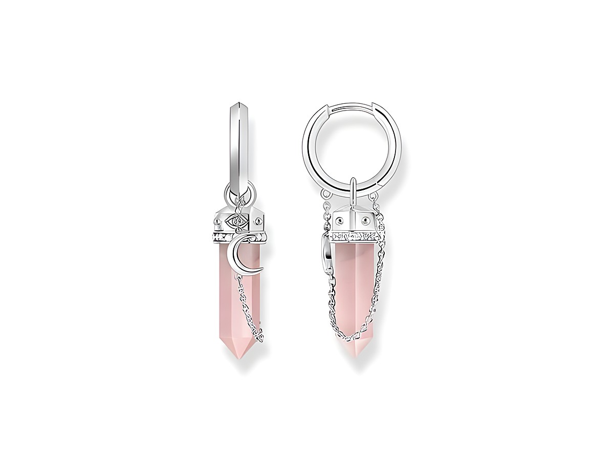 Silberne Creolen von Thomas Sabo mit Kristall, rosafarbenem Rosenquarz und Zirkonia in Rosa-Pink. Elegantes Design mit Kettenelementen und mondförmigem Detail.