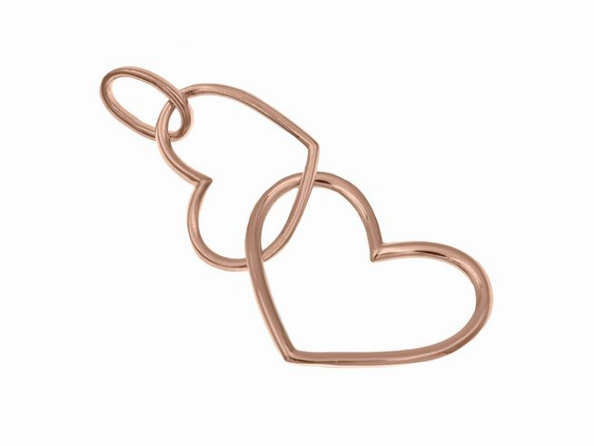 Zwei ineinander verwobene Herzen aus Roségold vergoldetem Sterling Silber, elegant und modern, perfekt für Anhänger oder Schmuckdesign, Hersteller Juwelier Harnisch.