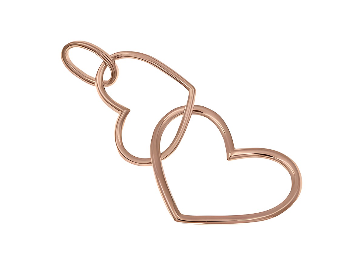 Zwei ineinander verwobene Herzen aus Roségold vergoldetem Sterling Silber, elegant und modern, perfekt für Anhänger oder Schmuckdesign, Hersteller Juwelier Harnisch.