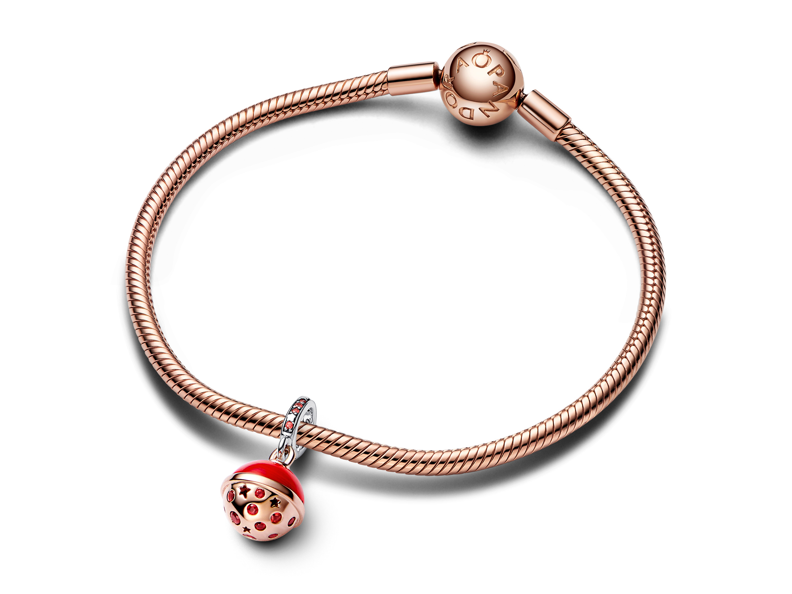 Armband aus Sterling Silber mit Roségold Vergoldung, verziert mit einem charm in Form des Planeten Mars, eingekReist mit Kristallen in unterschiedlichen Rottönen.