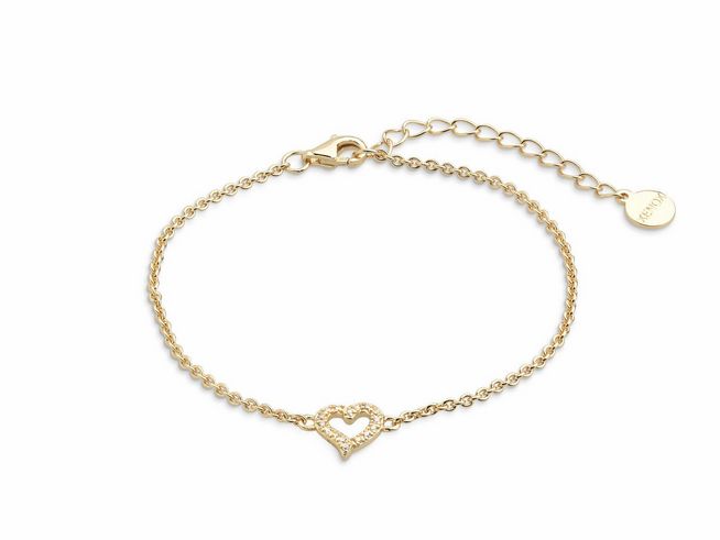 Xenox Sterling Silber Armband XS3413GN in gelbgold vergoldeter Ankerkette mit einem herzförmigen Anhänger, verziert mit kleinen Strasssteinen, verstellbar von 15 bis 18,5 cm.