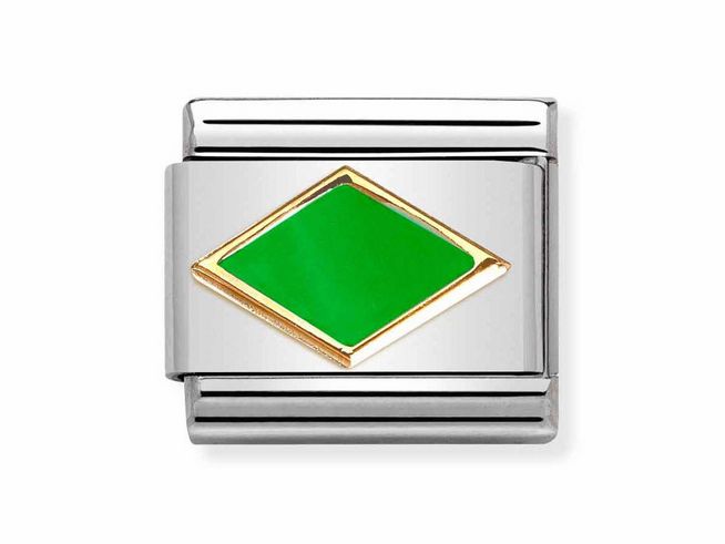 Edelstahlarmband mit grünem Emaille-Einsatz in Rautenform, umgeben von goldfarbener Veredelung, quadratischem Design, hergestellt von Nomination.
