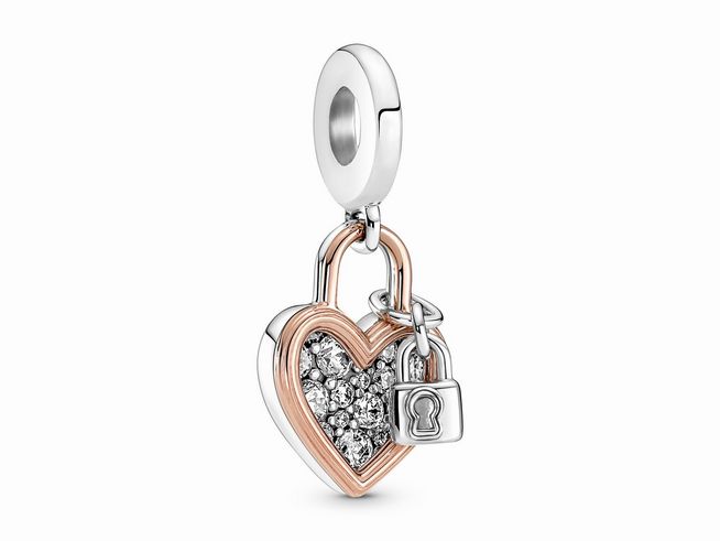 Pandora Herz Vorhängeschloss charm aus Silber und Roségold vergoldet mit Zirkonia, ein elegantes Schmuckstück, ideal für romantische Anlässe wie Hochzeiten.