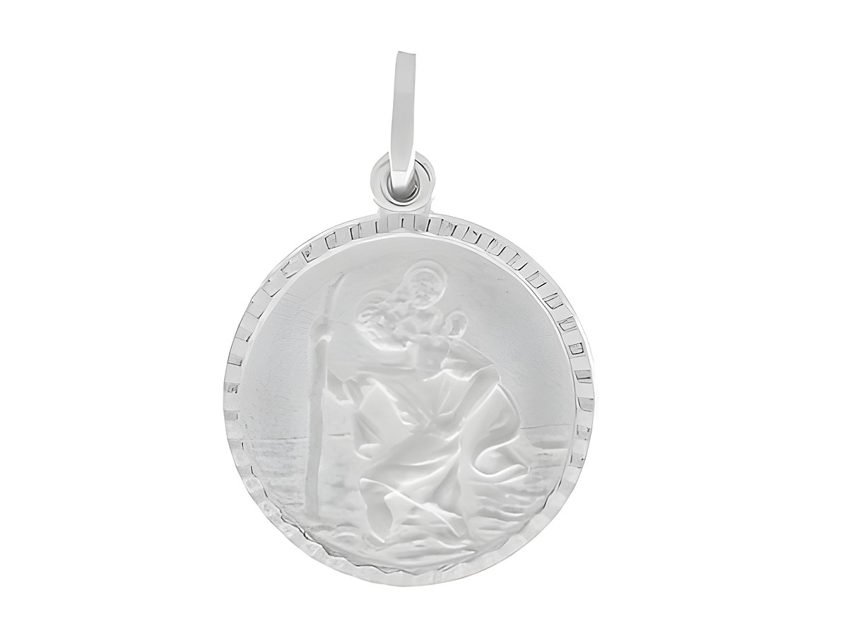 Schutzanhänger Christophorus aus Sterling Silber von Juwelier Harnisch, zeigt den Schutzpatron mit Kind auf einer runden Medaille. Ideal für persönlichen Schutz und als Geschenk.
