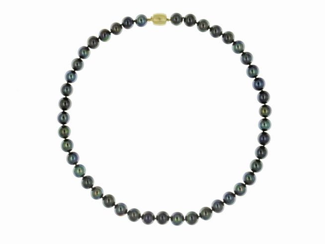 Perlenkette aus Süßwasser-Zuchtperlen in Violett und Grün mit einem Durchmesser von 8,5-9,5 mm, Länge 42 cm, mit einem Verschluss aus Gold 585, Hersteller Juwelier Harnisch, bunt.