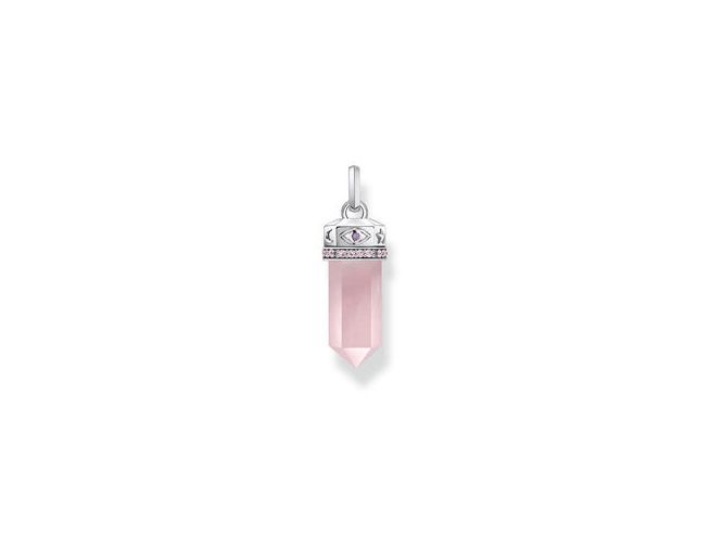 Anhänger von Thomas Sabo aus Rosenquarz mit silberner Fassung, besetzt mit synthetischem Korund und Zirkonia in Rosa-Pink, in kristalliner Form.
