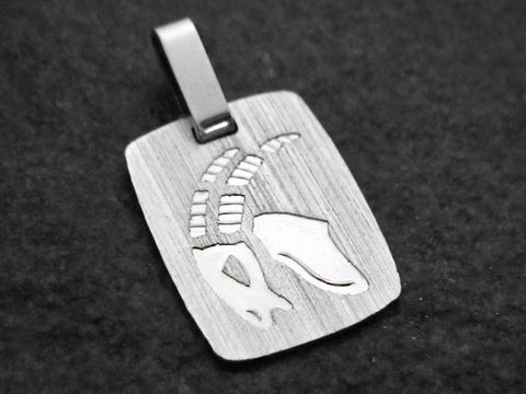 Silberne Gravurplatte mit eckiger Form, die das Sternzeichen Steinbock darstellt, hergestellt von Juwelier Harnisch, ideal als Schmuckstück für Steinbock-Geborene.