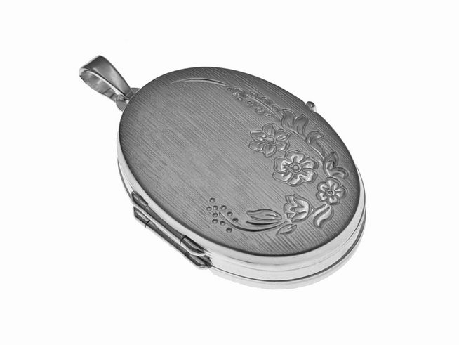 Sterling Silber Anhänger in Medaillonform mit floralem Blumenmuster, elegant und zeitlos gestaltet, ideal für persönliche Aufbewahrung oder Geschenkideen. Hersteller Juwelier Harnisch.