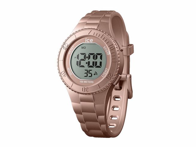 50441360-0 Die Ice watch 021621 zeigt eine digitale Uhr in Nude Metallic mit einem runden Ziffernblatt, einem flexiblen Armband und einer Wasserbeständigkeit von bis zu 100 Metern.