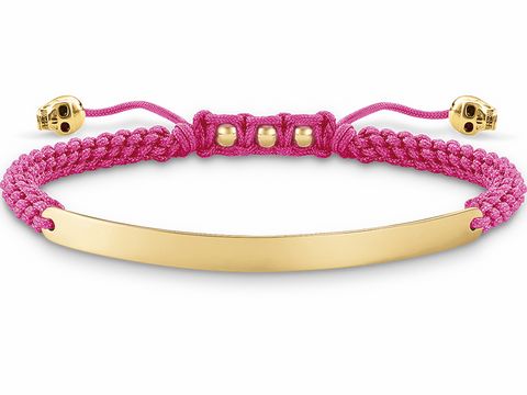Silber vergoldetes Makramee Armband von Thomas Sabo mit pinkem Nylon und Skull-Details, Verstellbereich 15-21cm, Modell LBA0050-848-9-L21v aus der Love Bridge Kollektion.