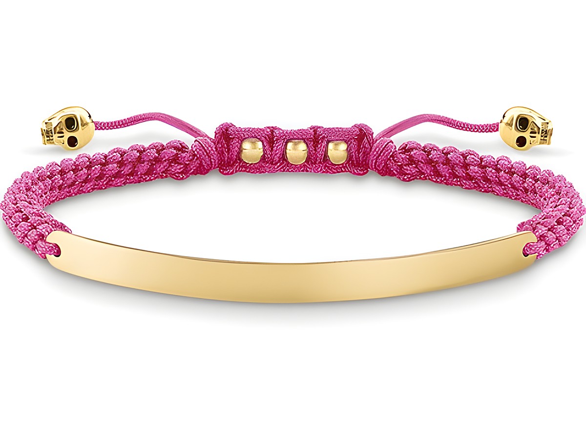 Silber vergoldetes Makramee Armband von Thomas Sabo mit pinkem Nylon und Skull-Details, Verstellbereich 15-21cm, Modell LBA0050-848-9-L21v aus der Love Bridge Kollektion.