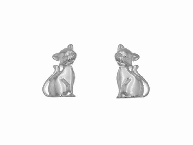 Ohrstecker Sterling Silber in Katzenform, poliert und rhodiniert, hergestellt von Juwelier Harnisch, geeignet für Kinder.