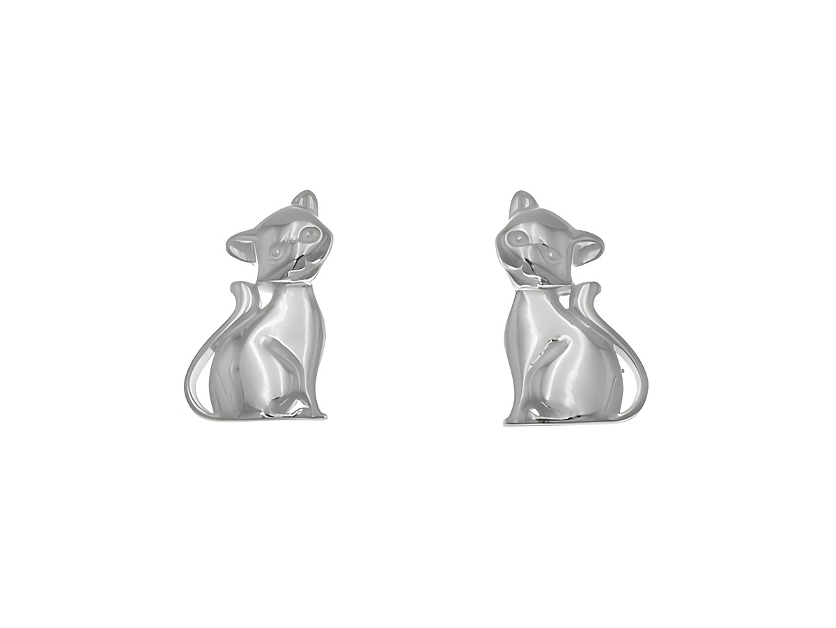 Ohrstecker Sterling Silber in Katzenform, poliert und rhodiniert, hergestellt von Juwelier Harnisch, geeignet für Kinder.