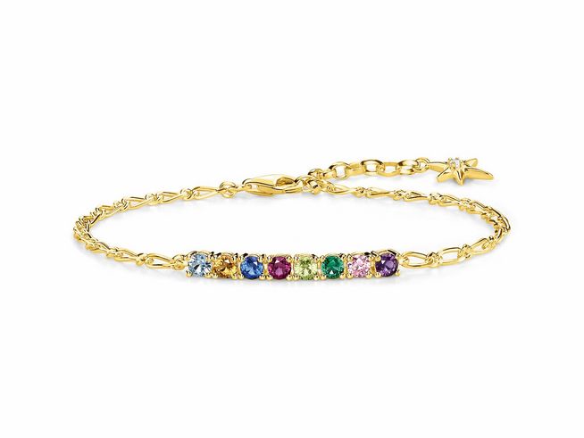 Silber vergoldetes Armband von Thomas Sabo mit bunten Steinen und Zirkonia, verziert mit einer filigranen Kette und einem Sternanhänger, elegantes Schmuckstück für Damen.