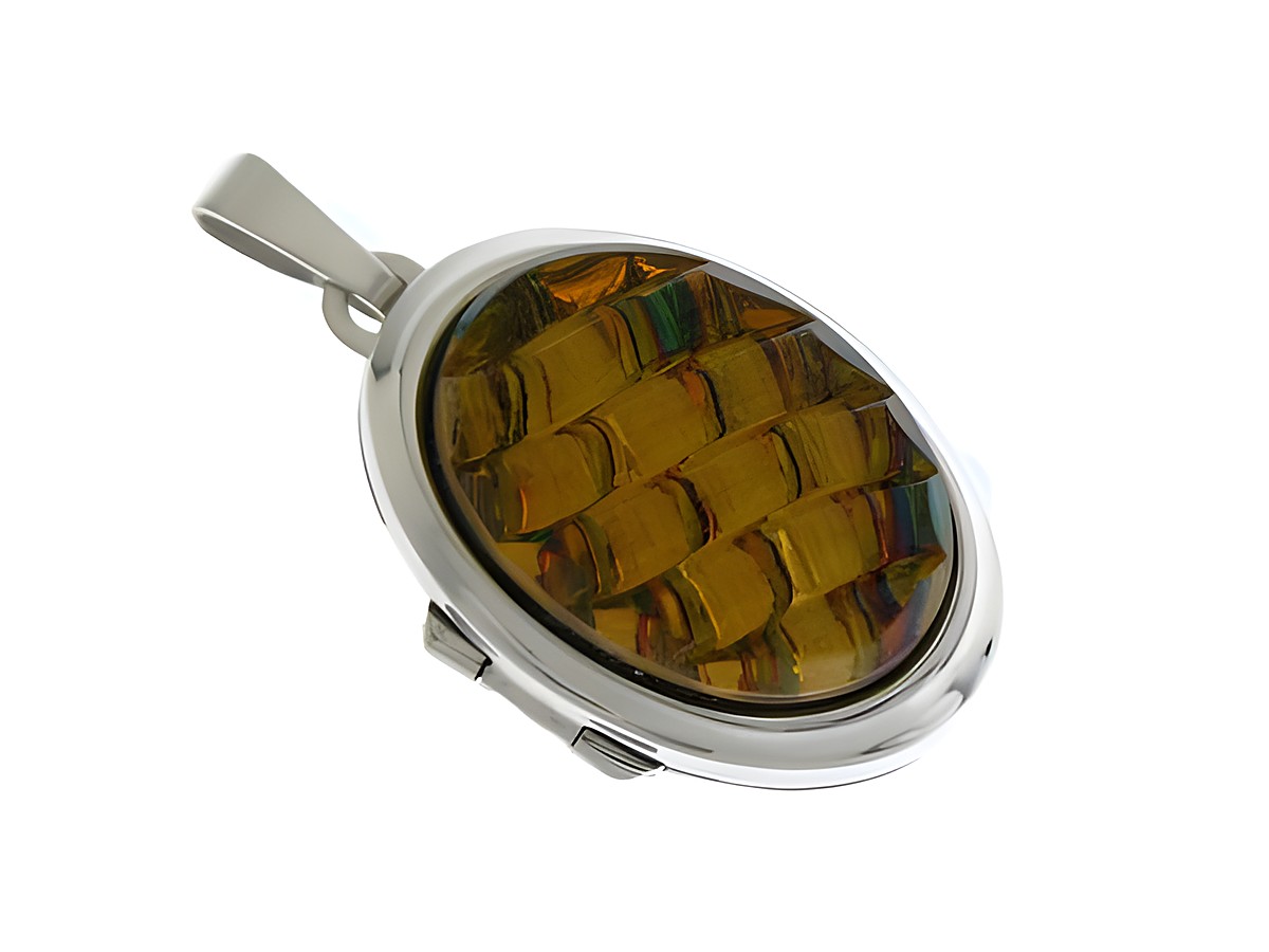 Wellen Medaillon mit Cabochon aus Sterling Silber rhodiniert, gefertigt von Juwelier Harnisch, das Medaillon zeigt ein harmonisches Wellenmuster in warmen Farben.