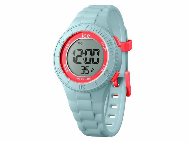 Die Ice Watch ICE digit in Mint Coral ist eine digitale Uhr mit rotem Ziffernblatt und schwarzer Schrift. Das Gehäuse ist mintfarben mit einem sportlichen Silikonarmband. Sie ist bis 100 Meter wasserdicht.