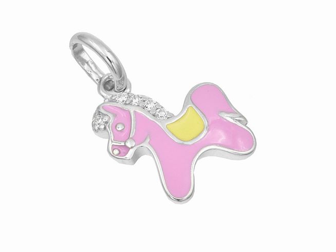 Ein niedlicher Pferde-Anhänger aus poliertem rhodiniertem Sterling Silber mit Zirkonia, lackiert in Rosa und Gelb, hergestellt von Juwelier Harnisch.