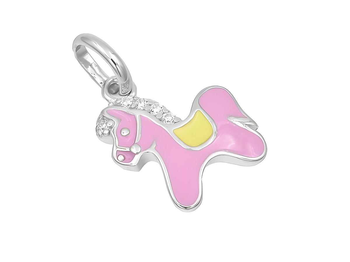 Ein niedlicher Pferde-Anhänger aus poliertem rhodiniertem Sterling Silber mit Zirkonia, lackiert in Rosa und Gelb, hergestellt von Juwelier Harnisch.