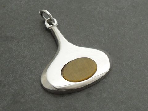 Retro Silber Anhänger rhodiniert im 70er Jahre Look mit Tigerauge, Hersteller Juwelier Harnisch, elegant und stilvoll, ideal für Liebhaber vintage Schmuck.