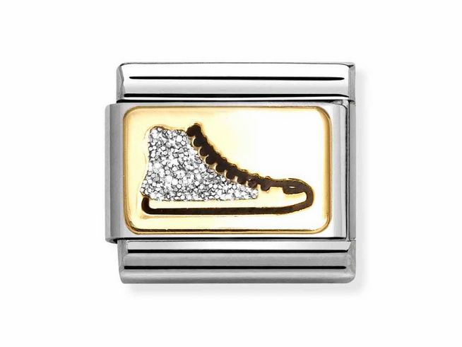 Silbernes und gelbgoldenes Element mit emaillierter Darstellung eines Sneakers, verziert mit funkelnden Details, passend für die Nomination Classic Kollektion.