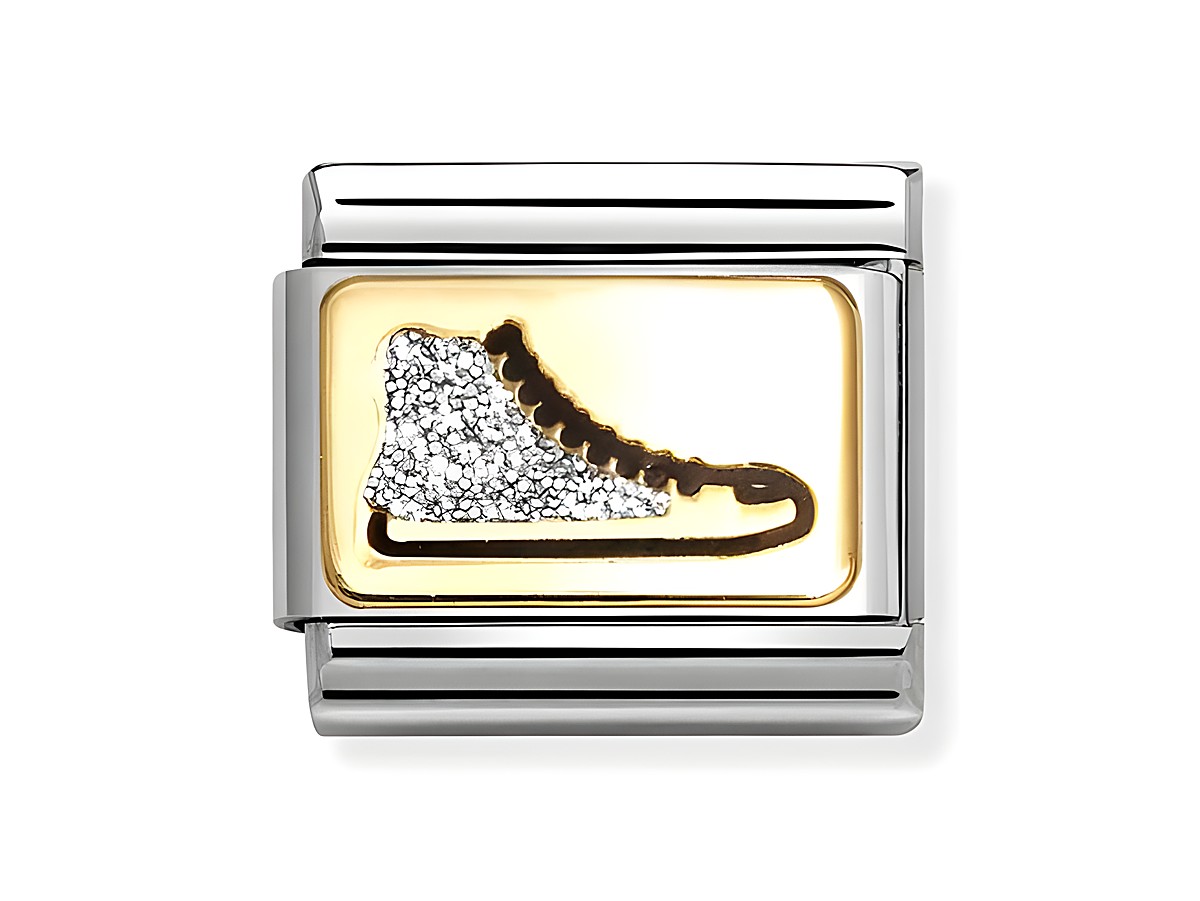 Silbernes und gelbgoldenes Element mit emaillierter Darstellung eines Sneakers, verziert mit funkelnden Details, passend für die Nomination Classic Kollektion.